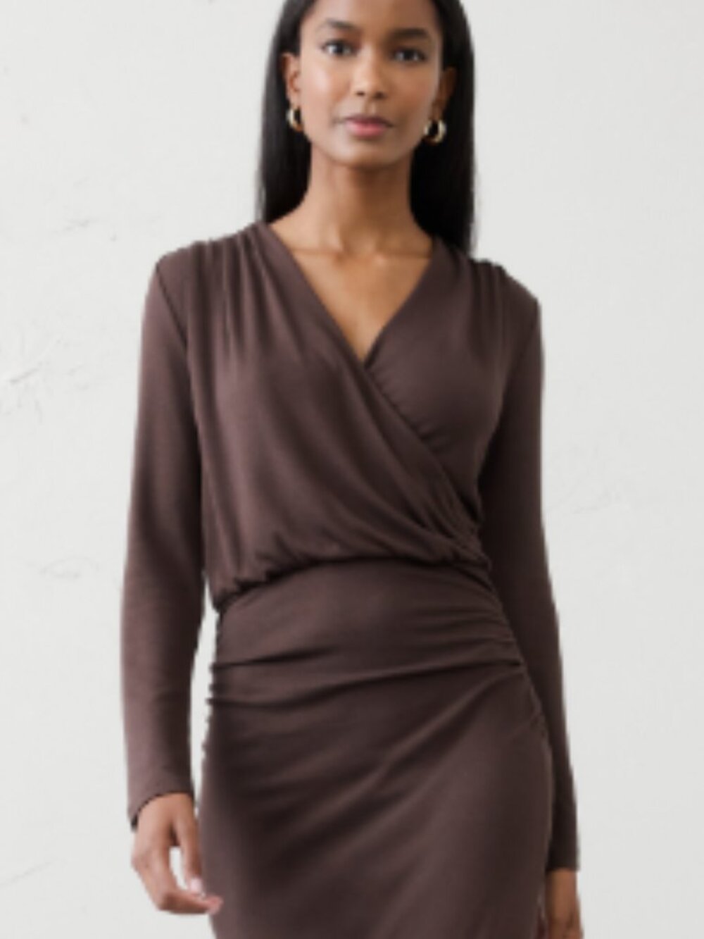 Banana Republic Brown Soft Luxe Long Sleeve Ruched Midi Dress size Small - Picture 2 of 10